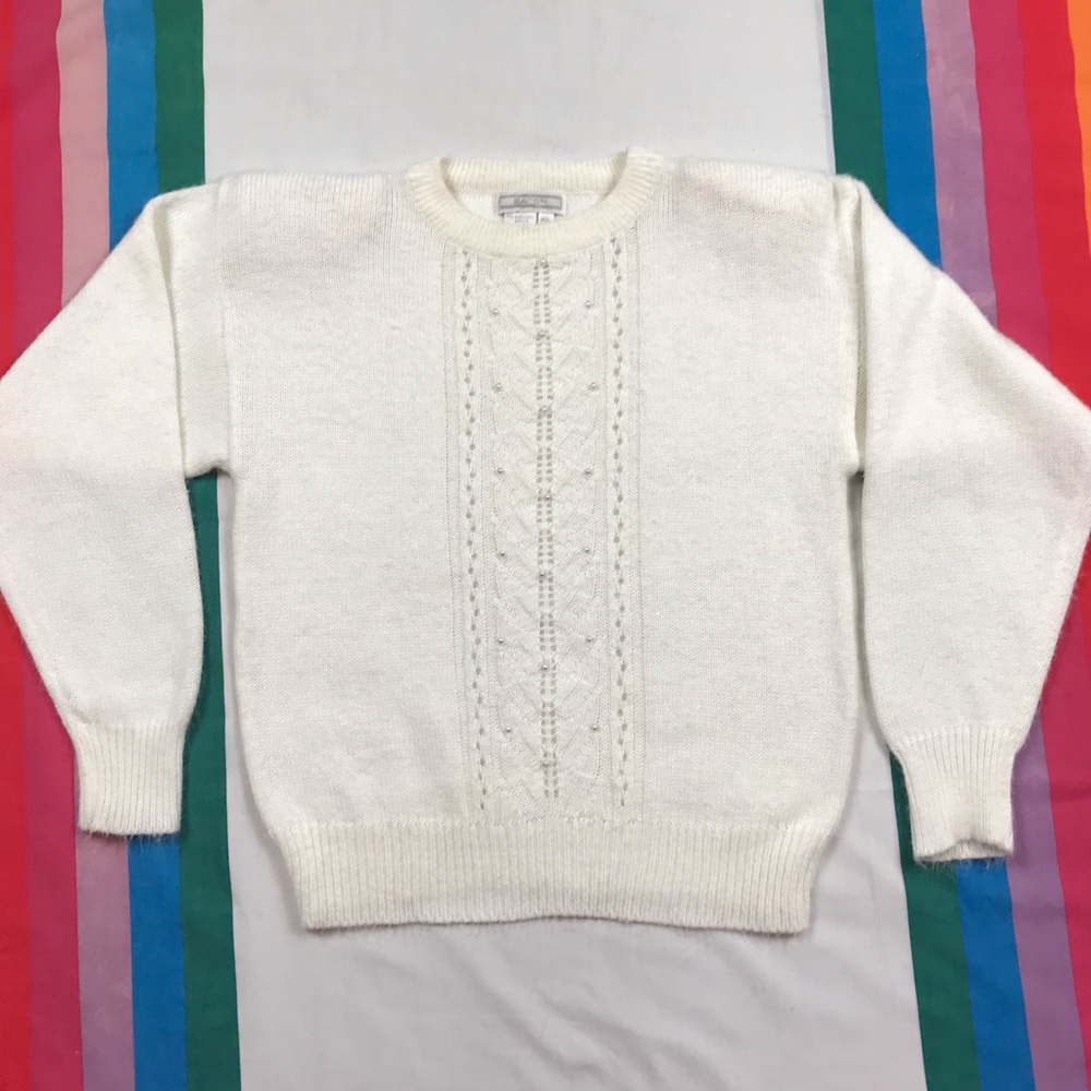 Vintage 80s White Eaton Pearl Knit Sweater Long Sleeve Crewneck